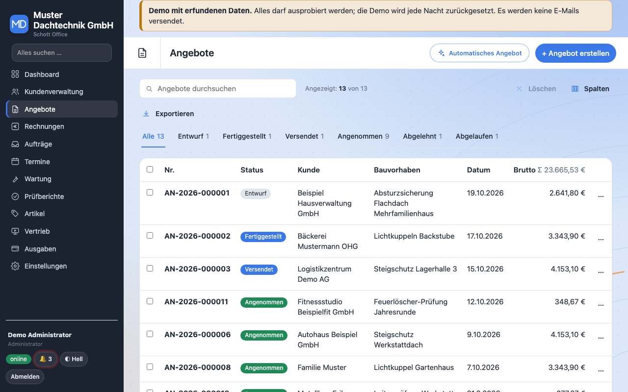 Liste der Angebote mit Zuständen von Entwurf bis angenommen