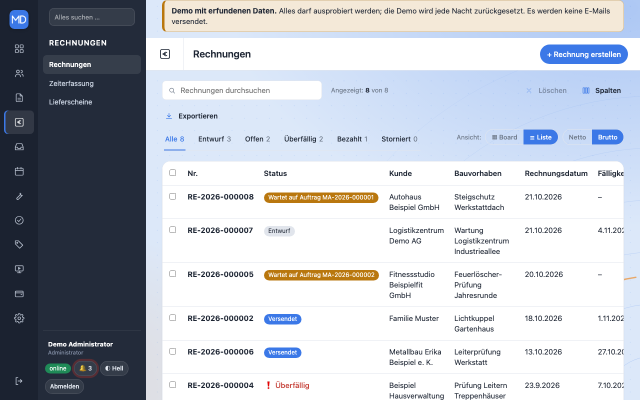 Liste der Rechnungen mit bezahlten, offenen und überfälligen Rechnungen